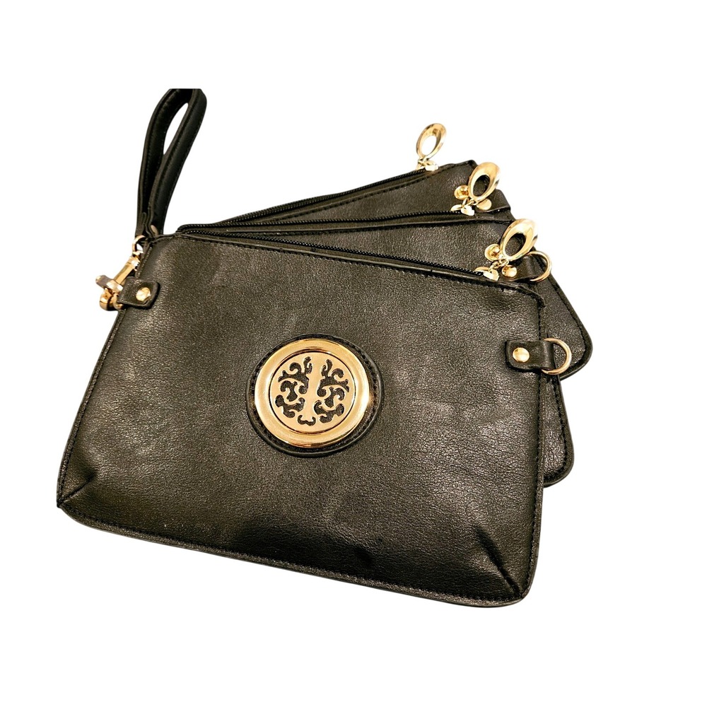 Black Leather Triple Compartment Wristlet Clutch Gold Medallion Pouch Set